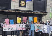 PBI-Canada observes vígil for the Toboso 19 outside the Embassy of the Philippines, May Day call to shut down CANSEC in Ottawa