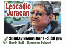 Guatemalan human rights defender Leocadio Juracán to speak on Denman Island, November 1